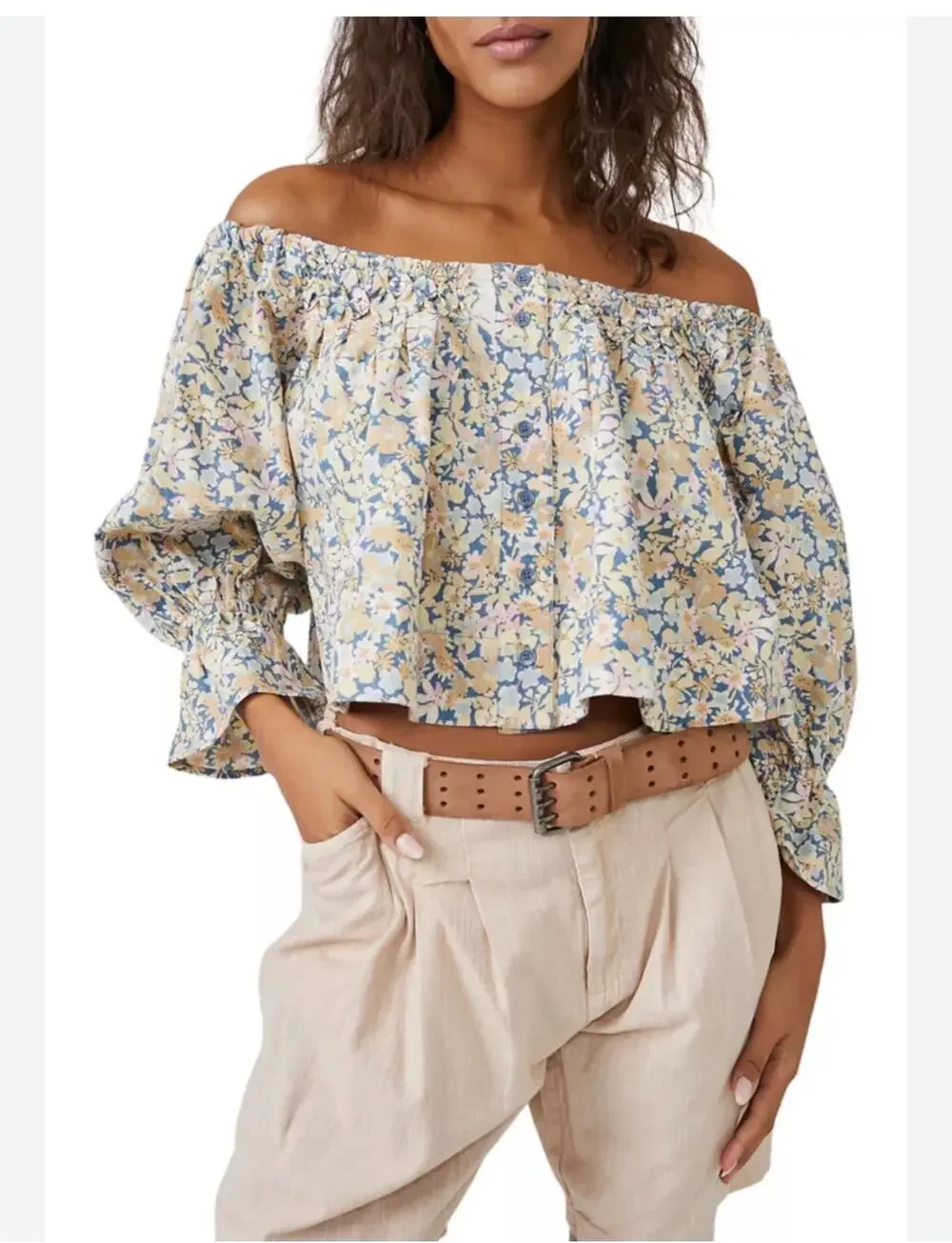 NWT Free People Floral Puff Sleeve Crop Top Size M Light Blue MSRP $128